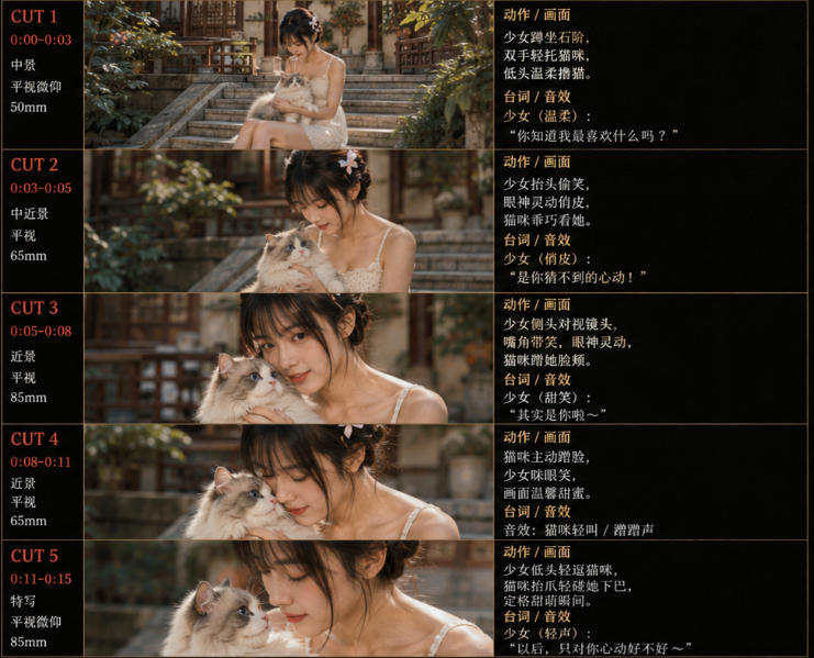 美女和猫故事提示词，人物一致性提示词 故事板